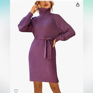 Sweater Dress Long Sleeve Waffle Knitted Fall Turtleneck Dress with Belt